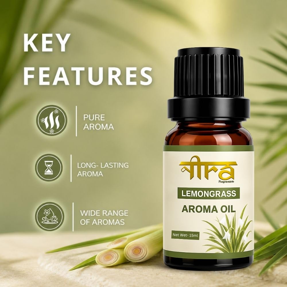 Nira Fragrances Oil | 15 ml | Lemongrass Aroma Oil for Home Fragrance | Best for Aromatherapy | Helps in Meditation | Used in Diffuser, Candles, Air Fresheners