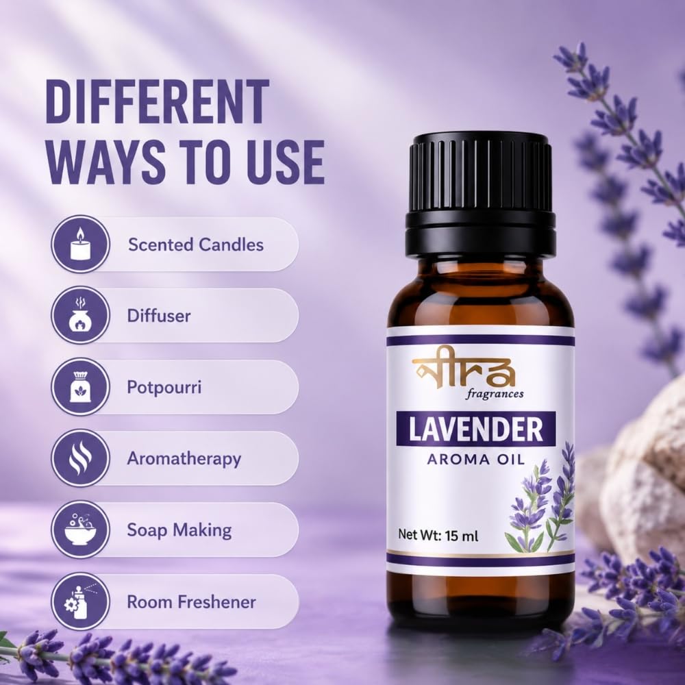Nira Fragrances Oil | 15 ml | Lavender Aroma Oil for Home Fragrance | Best for Aromatherapy | Helps in Meditation | Used in Diffuser, Candles, Air Fresheners