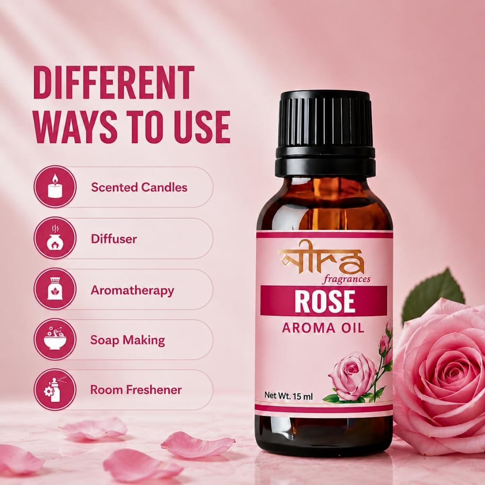 Nira Fragrances Oil | 15 ml | Rose Aroma Oil for Home Fragrance | Best for Aromatherapy | Helps in Meditation | Used in Diffuser, Candles, Air Fresheners
