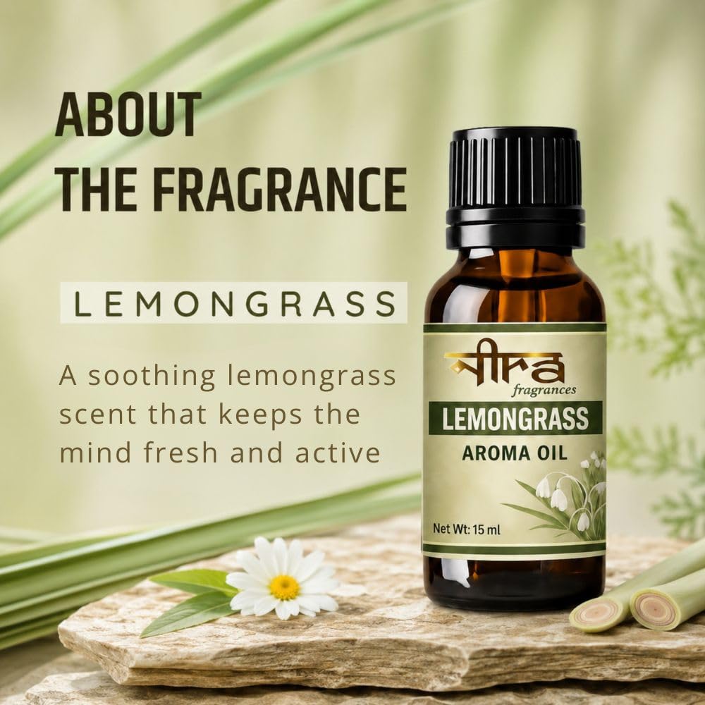 Nira Fragrances Oil | 15 ml | Lemongrass Aroma Oil for Home Fragrance | Best for Aromatherapy | Helps in Meditation | Used in Diffuser, Candles, Air Fresheners